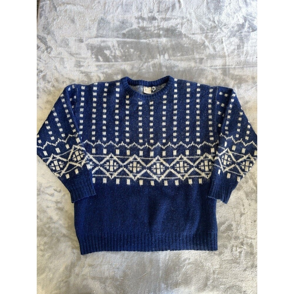 Vintage 80s 90s Alafoss Icewool Sweater Fair Isle Nordic Size M Blue Fisherman